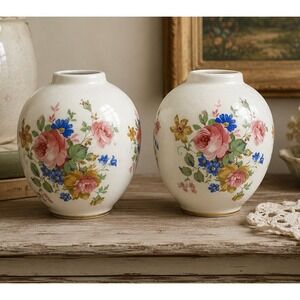 Old South Floral Bud Vase Pair White Ceramic Pink Blue Flowers Gold Trim